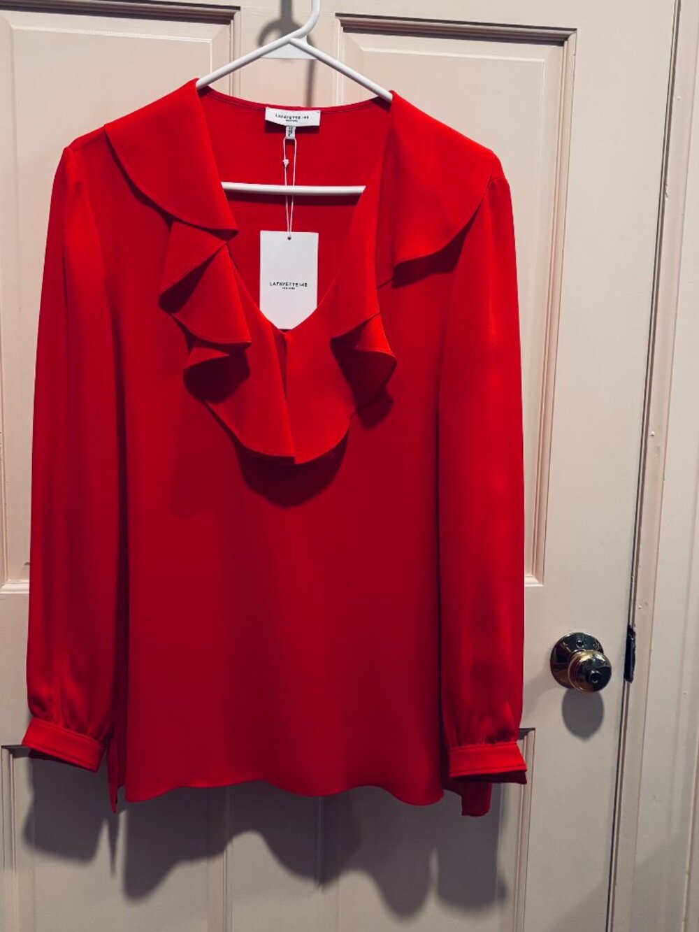 Lafayette 148 New York Begonia Red Silk Long Sleeve Blouse - Size L